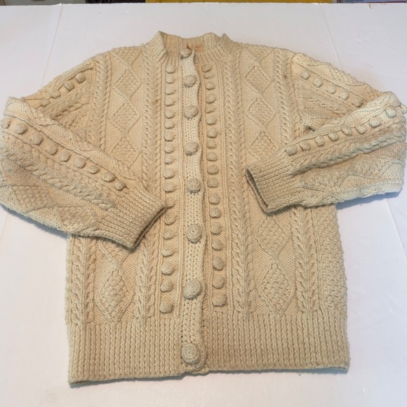 Theresa Farren Sweaters - Theresa Farren Hand Knit Wool Aran Cardigan Cream Cable Bobble Fisherman Sweater
